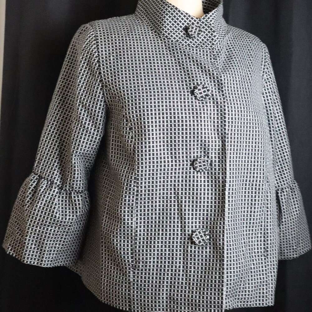 Studio Works Womens Petite Large PL Black White Silver Sparkle Blazer 3/4 Sleeve